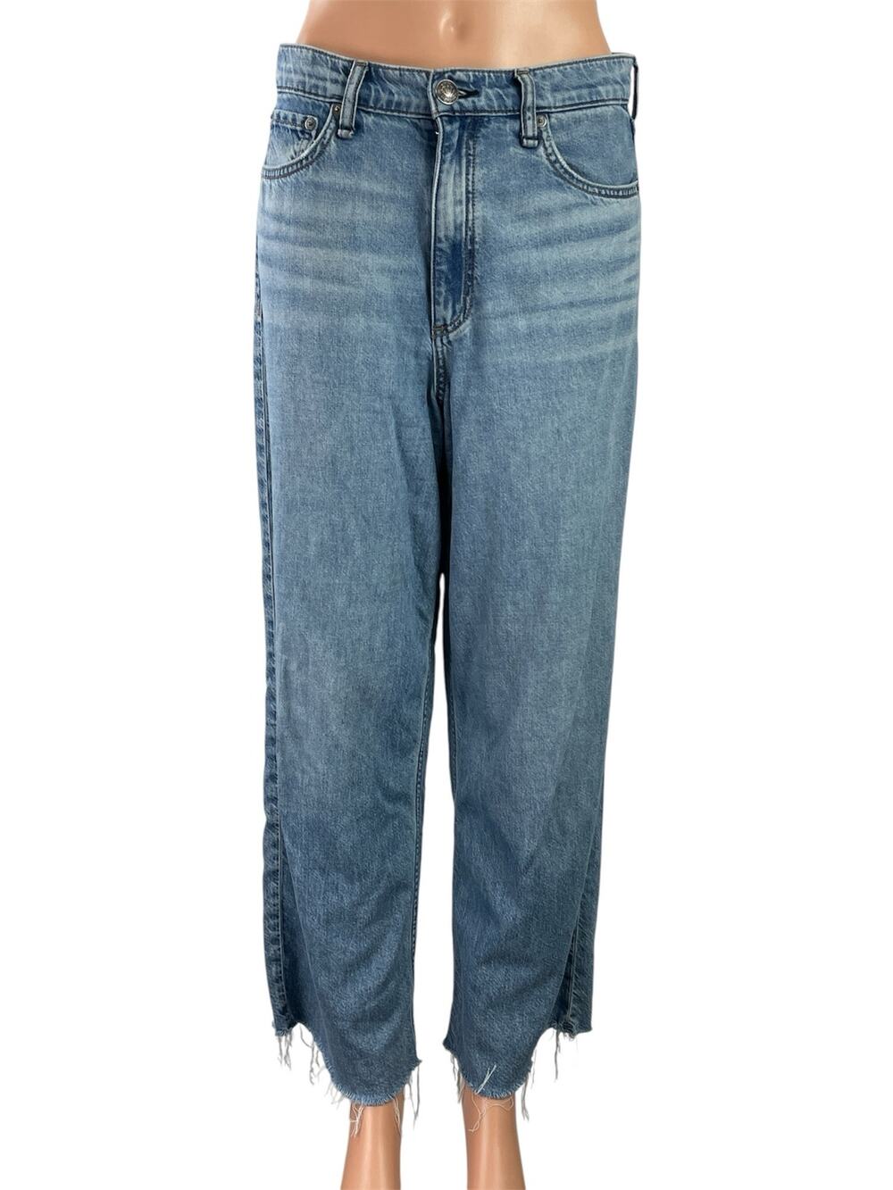 rag & bone Blue High Waist Frayed Raw Hem Straight Wide Leg Denim Jean Pants 27